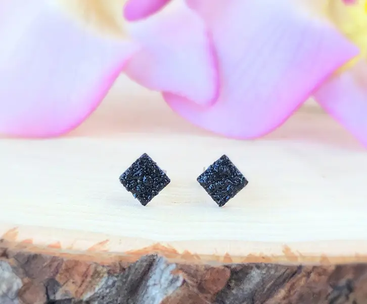 Raw Black Tourmaline Diamond Shaped Studs, Rough Natural Stone Stud Earrings Post, Crushed Gemstone Studs, Crystal Protection Earrings, October Birthstone Studs, Witchy Birthday Gift