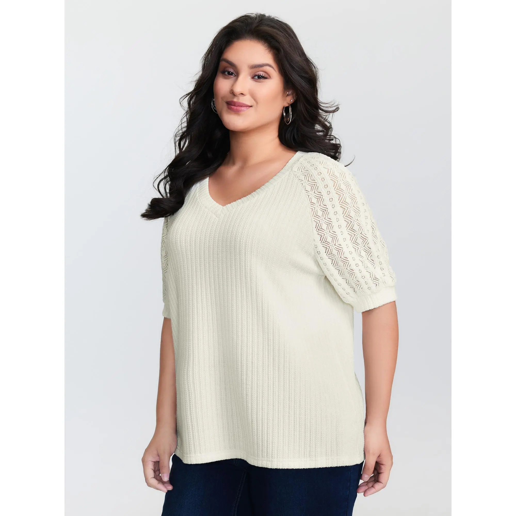 Women's Spandex Basic Minimalist T-Shirt Tops - Textured Spliced V-Neck, Short Sleeve, Gentle Stretchy Fabric, Regular Everyday Fits, Casual Wear, 2026 Summer Pick, M-6X Sizes, Low Iron, Hand Wash Only, Do Not Dry Clean