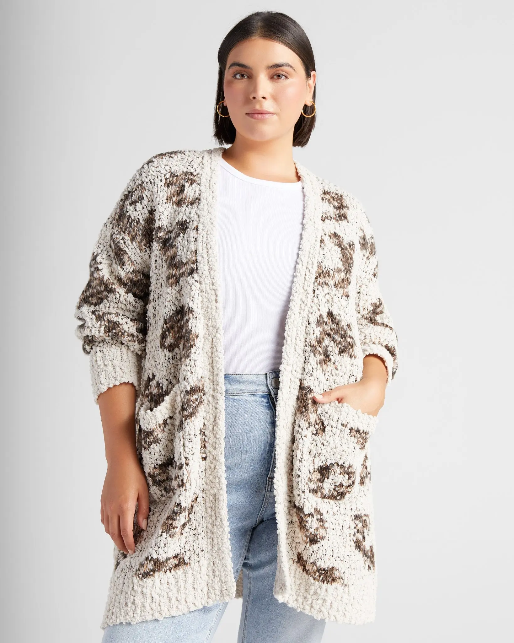 Plus Size Animal Print Cardigan for Women, Soft and Plush Open Front Longline Sweater Top with Pockets, Knitwear, Casual, Tops, Leopard Print, Casual Wear, Mid Thigh