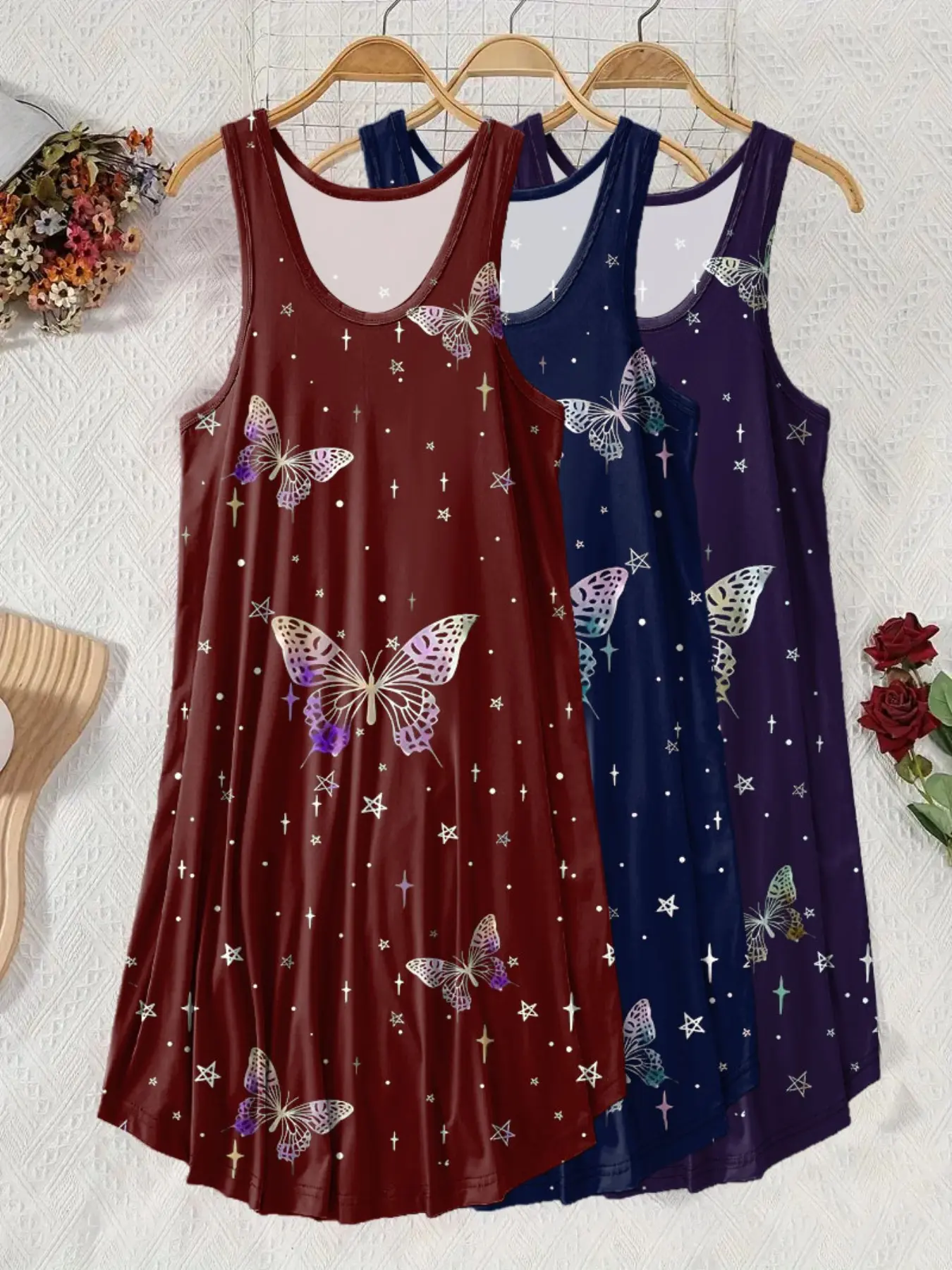 3-Piece Set Women's Fashion Butterfly Print Sleeveless Loose Dress, Casual Dresses Summer Flowy Home Wear, Ideal for Beach and Vacation