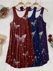 3-Piece Set Women's Fashion Butterfly Print Sleeveless Loose Dress, Casual Summer Flowy Home Wear, Ideal for Beach and Vacation