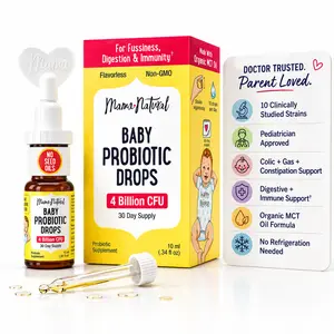Mama Natural Baby Probiotic Drops | Pediatrician-Approved Infant Probiotic Colic Drops – Infant Gas, Constipation, Fussiness & Immune Support Supplement – 10 Strains & 4 Billion CFU with MCT Oil