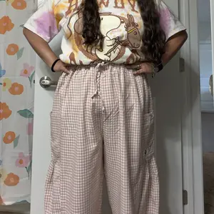 【SS26 Collection】TARSE Womens  Wide Leg Gingham Striped Plaid Pants Casual Barrel Loose Drawstring Low Waist Palazzo Harem Pants with Pockets