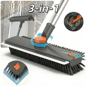 3 in 1 Long Handle Scrub Brush with Squeegee, Floor Shower Scrubber Broom for Concrete, Tile, Wall, Deck & Patio Cleaning, Grey