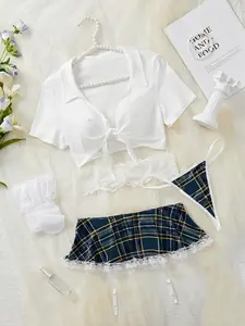 Sexy Gingham Print Crop Top Underwear Set, Wireless Bralette & Thong, Unlined Leg Ring, Fitted Casual Style, All Seasons Wear