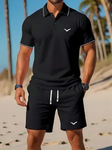 Men's summer thin bird print short-sleeved Polo shirt casual sports suit fashion casual vacation fishing camping outdoor top with pocket and elastic waist drawstring pants two-piece set for boyfriend or husband clothes men's clothing