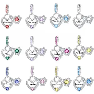 925 Silver-plated Months Birthstone Jewelry Charms, DIY Pendant with Cubic Zircon Crown for Bracelet Necklace, Perfect Birthday Gift