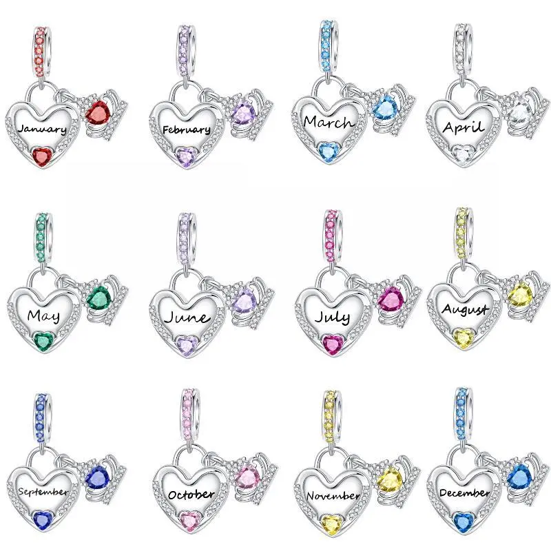 925 Silver-plated Months Birthstone Jewelry Charms, DIY Pendant with Cubic Zircon Crown for Bracelet Necklace, Perfect Birthday Gift