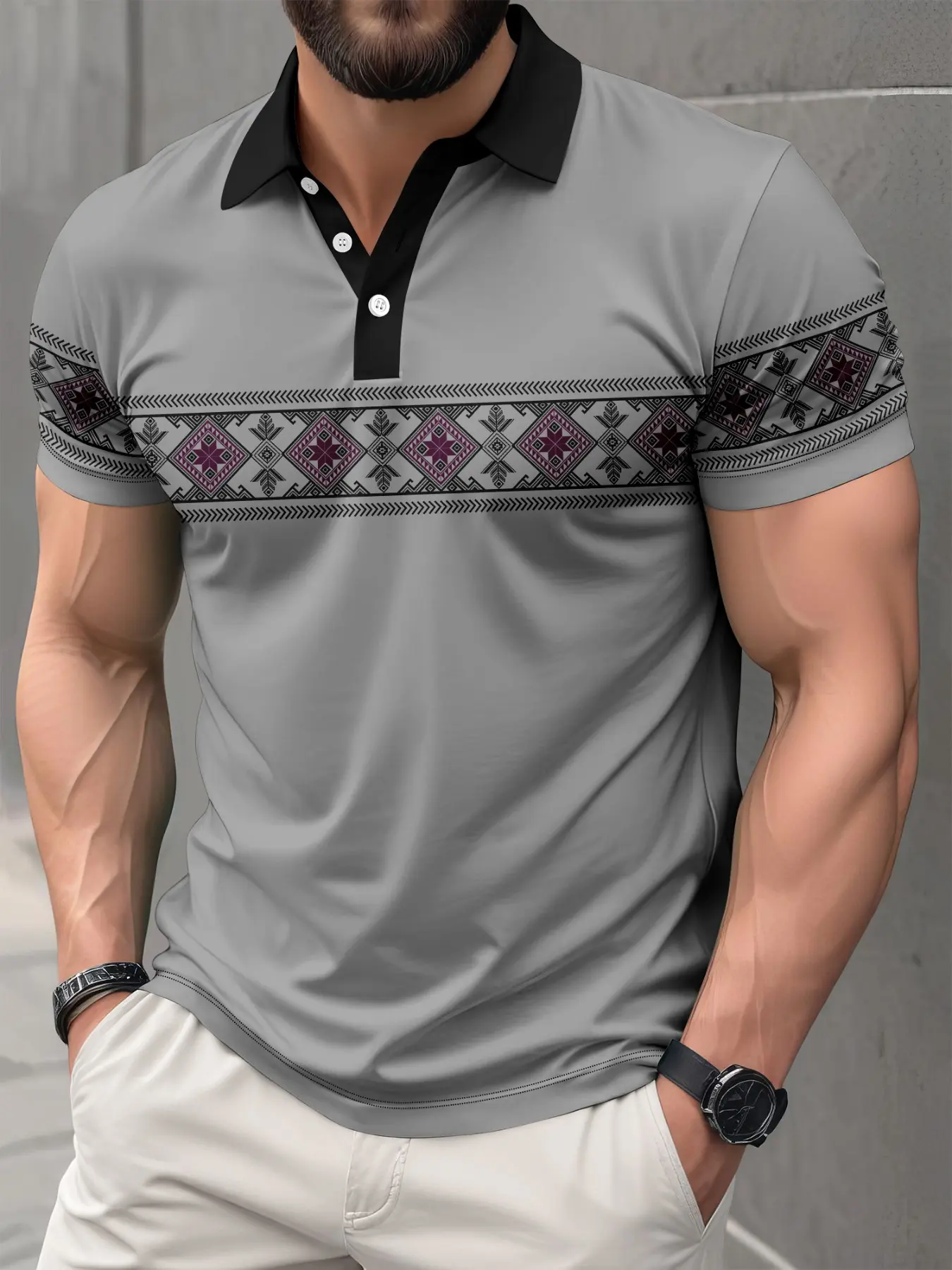 Men's Vintage Classic Ethnic Pattern Buttoned Polo Shirt, Geometric Print Short Sleeve, Casual Fitted Commuter Top, Letter Design, Stylish Daily Wear, Casual Polo Shirts, Menswear