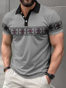 Men's Vintage Classic Ethnic Pattern Polo Shirt, Geometric Print Short Sleeve, Casual Fitted Commuter Top, Letter Design, Stylish Daily Wear, Menswear