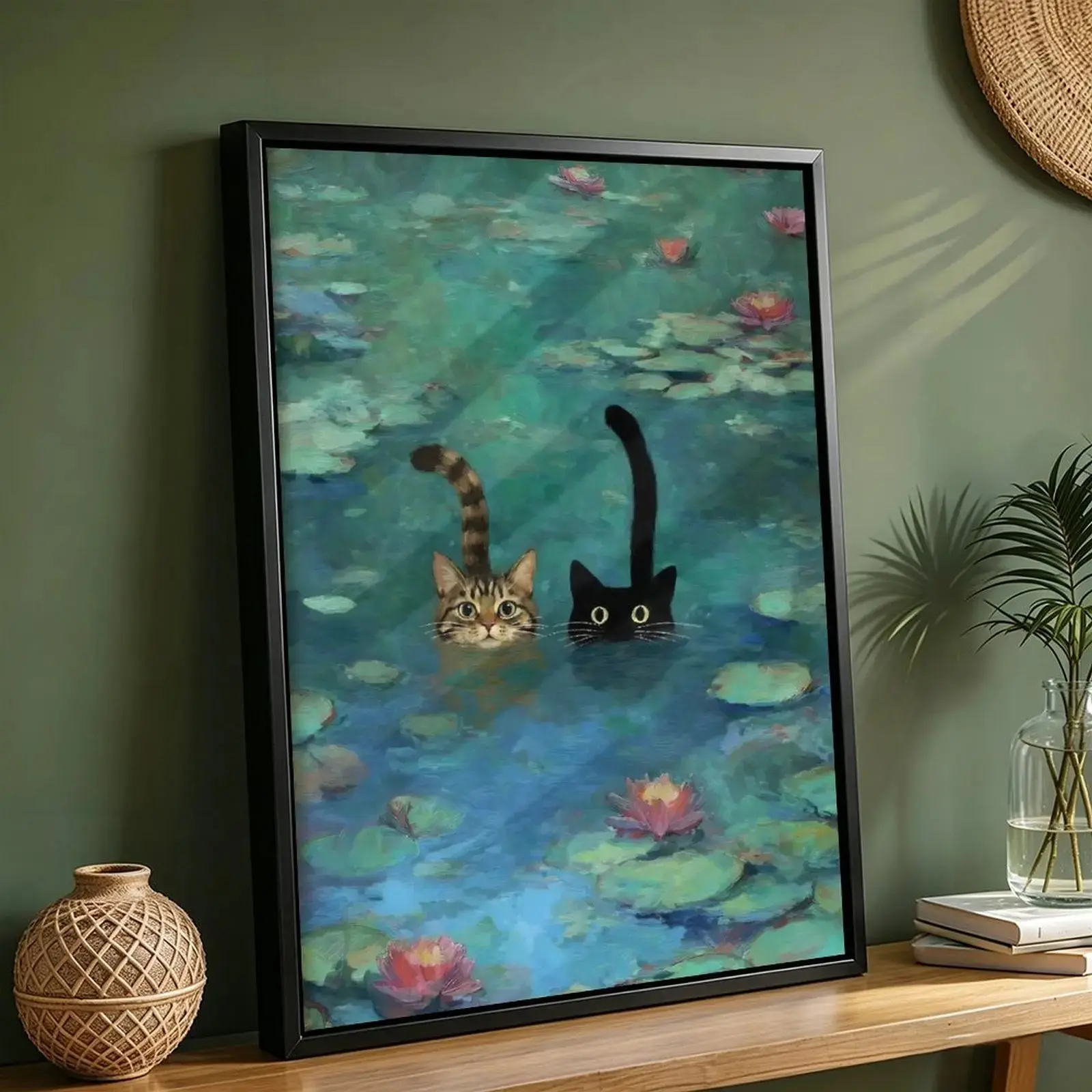 Funny Impressionism Cat Painting Canvas Wall Art - Premium Wrapped Fabric Mural, Cute Tabby & Black Cat in Monet Water Lily Pond Poster for Bathroom Decor