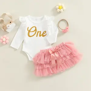 Infant Baby Girl Summer Outfit One Letter Print Lace Mesh Patchwork Long Sleeve Romper + Layered Bow Trim Skirt + Hairband Set Newborn Clothing