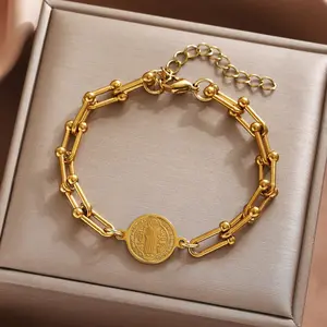 Unisex Daily Saint Benedict Medallion Bracelet, Stainless Steel Horseshoe Link Costume Jewelry Accessory