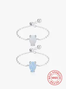 925 Sterling Silver Fashion Charm Opal Adjustable Link Chain Rings for Women, Teardrop Bridal Rings, Wedding Anniversary Fine Jewelry, Anel