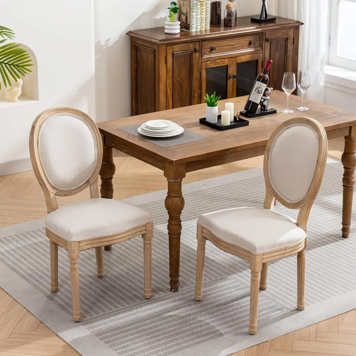 Country Rustic Dining Table Chairs Set of 2/4/6, Tall Back Round Back Side Chairs with Solid Wood Legs, Fabric or PU Artificial Leather Padded, Easy Install for Dining/Kitchen