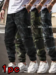 Men's cargo camouflage work pants with large pockets, lightweight elastic waistband drawstring design, ankle-length trousers suitable for everyday outdoor wear, outdoor activities, hiking, and training. Elastic waistband pants, camouflage Army Green
