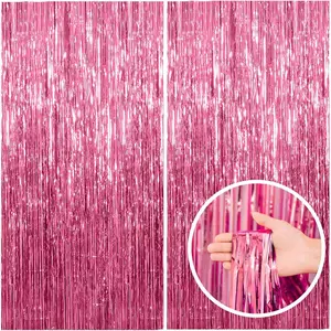 2 Pack Pink Tinsel Foil Fringe Curtain Backdrop Photo Booth Streamer for Pink Theme Birthday Bachelorette Graduation Party Decorations