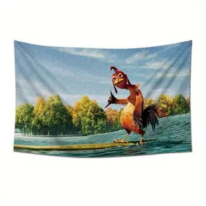 Vibrant Chicken Surfing Tapestry - Fun And Whimsical Wall Hanging With Autumn Lake Scene, Perfect For Dorm, Bedroom, Or Home Office Decor, Polyester Knit Fabric, Horizontal Design, Chicken Decor