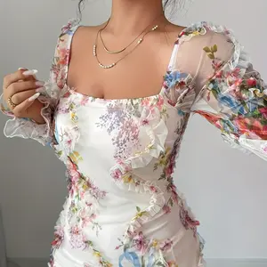Women's Spring Autumn New Elegant Romantic Mesh Floral Print Ruffle Long Sleeve Mid-Length Dress, Stylish and Comfortable Fashion
