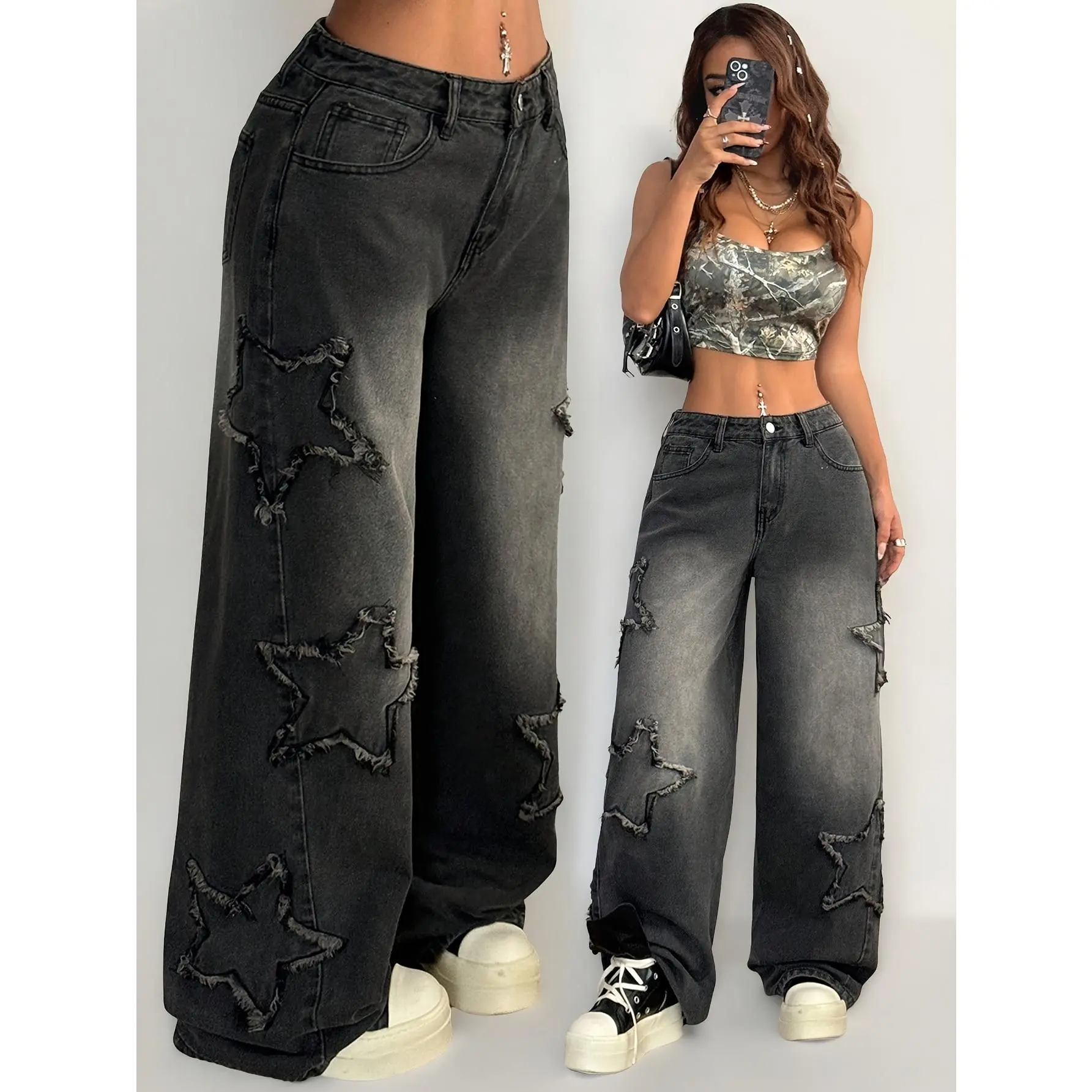 Women's Black Gradient Cotton Wide-Leg Denim Jeans - Galaxy Star Cut-Out Raw Hem, Loose-Fitting Streetwear Hip-Hop Bottoms, Machine Washable, Utility Pockets, Seam Pocket, Full Length, for Spring Fall Casual Sports Outfits