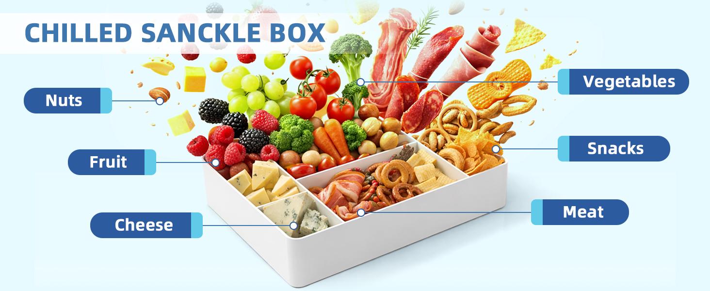 Chilled Snack Box Container with Ice Pack, Portable Travel Food Containers with Lids, Keep Cheese and Fruits Remained Fresh for Hours, Divided Serving Tray for Family Road Trip Beach Picnic