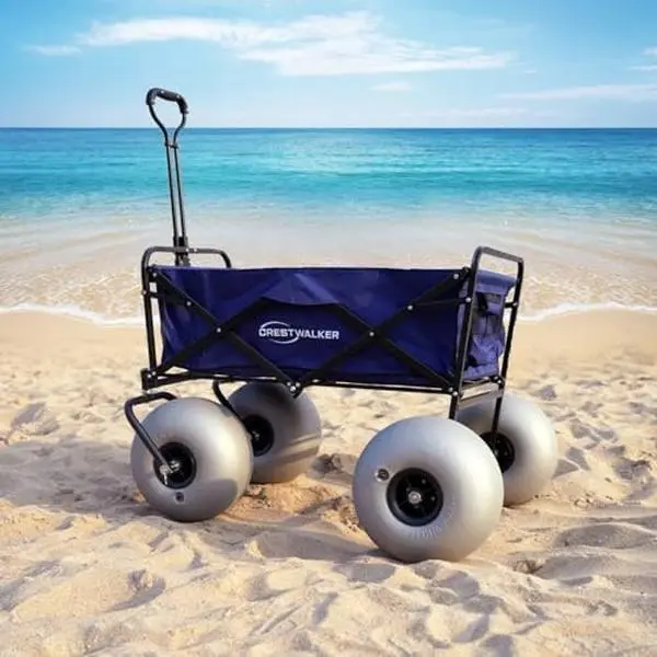 Crestwalker Beach Cart with 13" Balloon Wheels Collapsible Beach Wagon with Big Wheels for Sand Pump Included Blue Cart