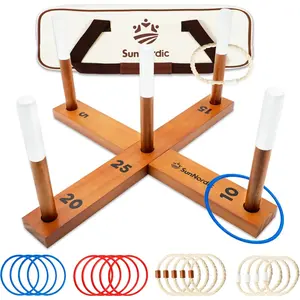 Wooden Ring Toss Game Set, Backyard Beach Camping Game with Toss Rings & Portable Carrying Bag, Outdoor Lawn & Yard Games for Kids, Adults & Family