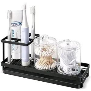Toothbrush Holder for Countertop with Drainage - 4 Slots Bathroom Organizer for Electric Toothbrush, Toothpaste, Mouthwash - Black