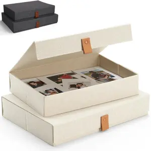 Decorative Photo Storage Boxes with Lids Set of 2 Beautiful Linen Organizers Are Perfect to Safely Store Your Pictures Documents Scrapbooking Supplies Keepsakes and Other Memories in Style