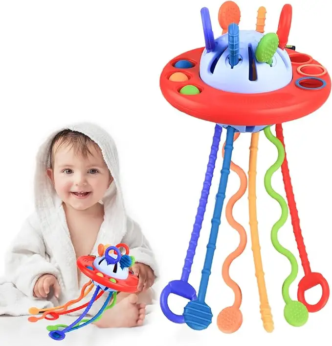 Sensory Toys for Toddlers,UFO Food Grade Silicone Pull String Activity Toy,Travel Toys for Baby,Baby Toys for 18M+ Boys and Girls