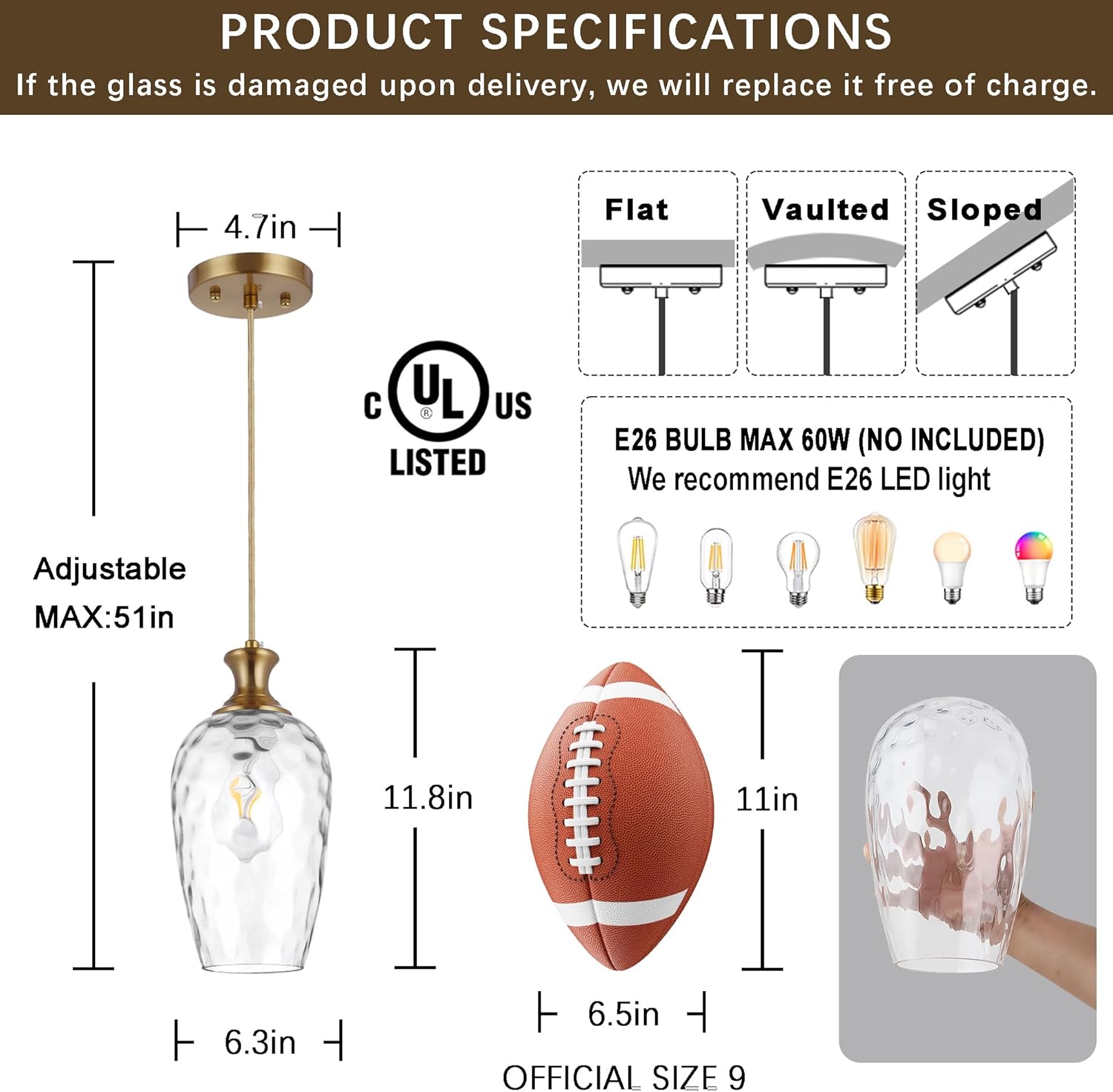 Glass Pendant Lights Kitchen, Clear Glass Hanging Light Fixtures Farmhouse Brass Gold Pendant Light for Kitchen Sink Dining Room