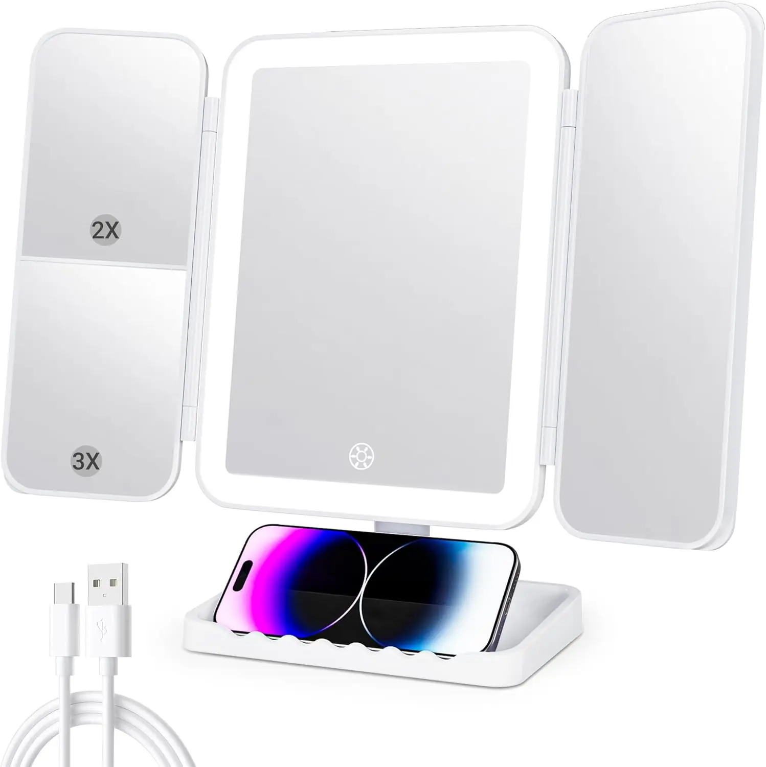 LED Lighted Travel Mirror, Rechargeable Trifold Vanity Mirror with 1X/2X/3X Magnification & Adjustable Angle, Portable Makeup Mirror with Storage Tray for Home Dorm On The Go