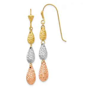 14k Tri-Color 6 mm Tri-color Puff Diamond-cut Teardrop Dangle Earrings (1.5 grams)