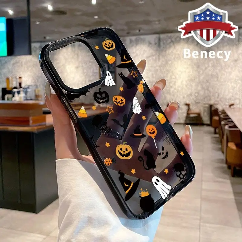 Transparent Ultra-Thin Silicone TPU & Durable Plastic iPhone Case - for iPhone 16 Pro Max,15 Plus,14,14 Pro,13,12,11, Halloween Ghost Pumpkin Design, Resists Yellowing Over Time, Shockproof Inner Pad, Mobile Phone Accessories, Protection