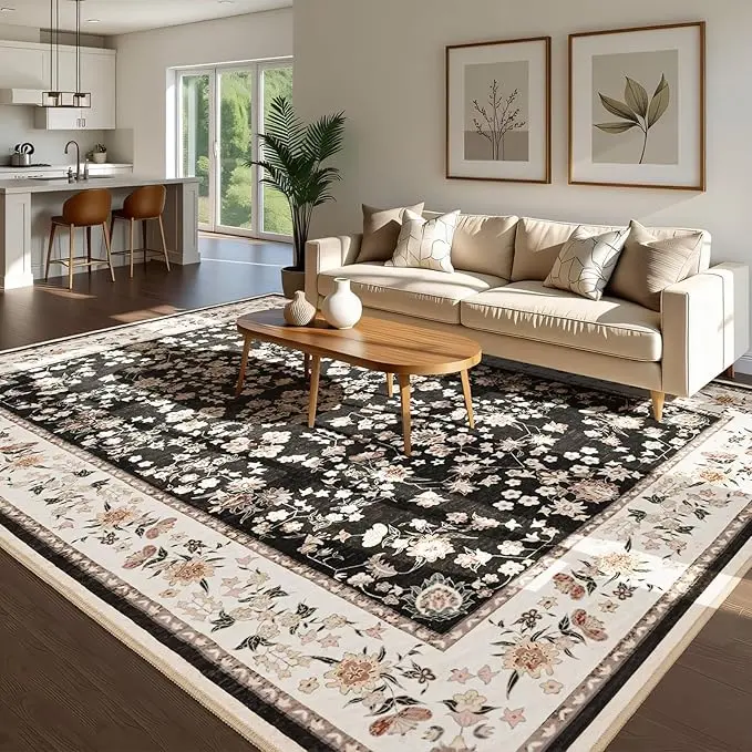 Boho Tribal Print Washable Area Rug - Super Soft Shag Texture, Non-Slip Soft Pile, Machine Washable Low Pile Indoor Use Rug for Living Room, Bedroom Boho Area Rug Boho Floral Rug