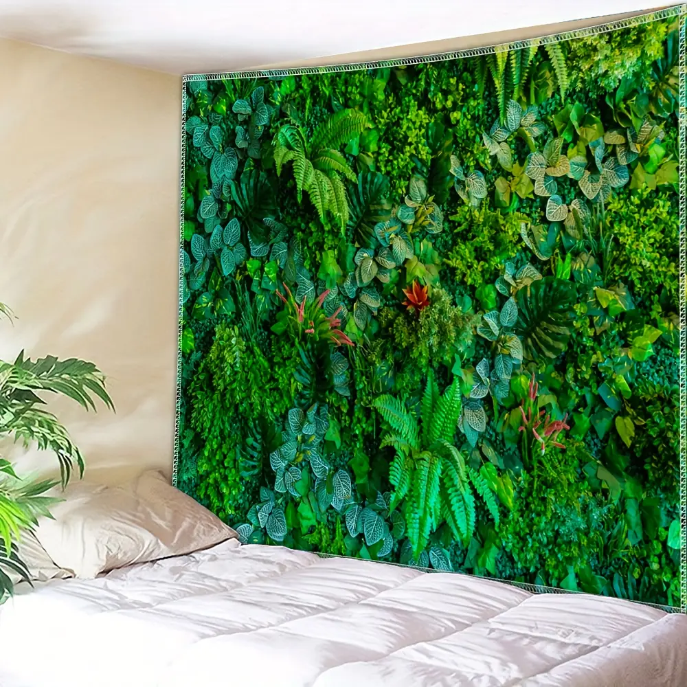1 piece, Green Forest Photography Backdrop - Polyester Plant Wall Tapestry for Living Room, Bedroom, Office Decoration |     Indoor Horizontal Hanging with Free Installation Kit