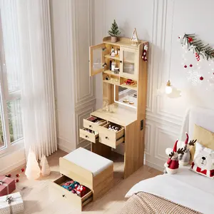 Compact 3-in-1 Vanity Desk with Mirror and LED Lights – Modern Makeup Table with Drawers, Storage Compartment, Rolling Chair – Space-Saving Bedroom Furniture for Girls and Women