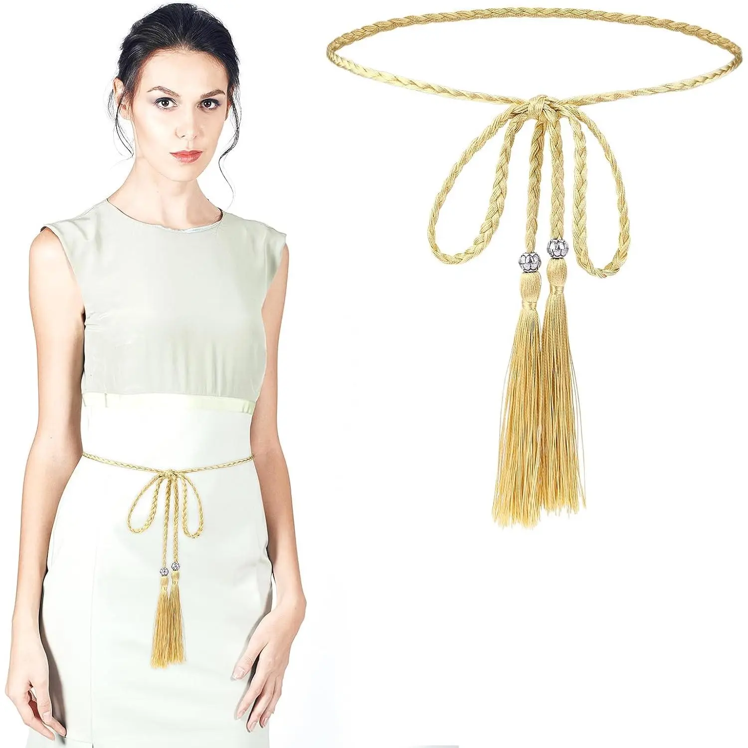 Women's Skinny Tassel-Braided Bowknot Waist Belt - 1pcs 130 cm Waist Rope for Skirt, Dress, Dinners, Clubs, Colleagues, 43In, Dates, Family Members, Female, Friends, Gold