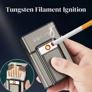Cigarette Case with Lighter, Tungsten Filament Cigarette Lighter, Rechargeable Windproof Cigarette Lighter, USB Rechargeable Lighter, Compatible with Soft and Hard Cases, One-button Pop-up, Cigarette Case Holder That Can Hold 20 Cigarettes