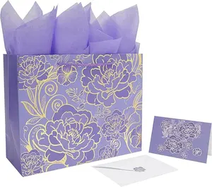 13" Large Purple Rose Gift Bag Set for Women Luxury Floral Gift Bag with Tissue Paper & Greeting Card for Birthday Mother’s Day Valentine’s Day Wedding & Anniversary Gifts
