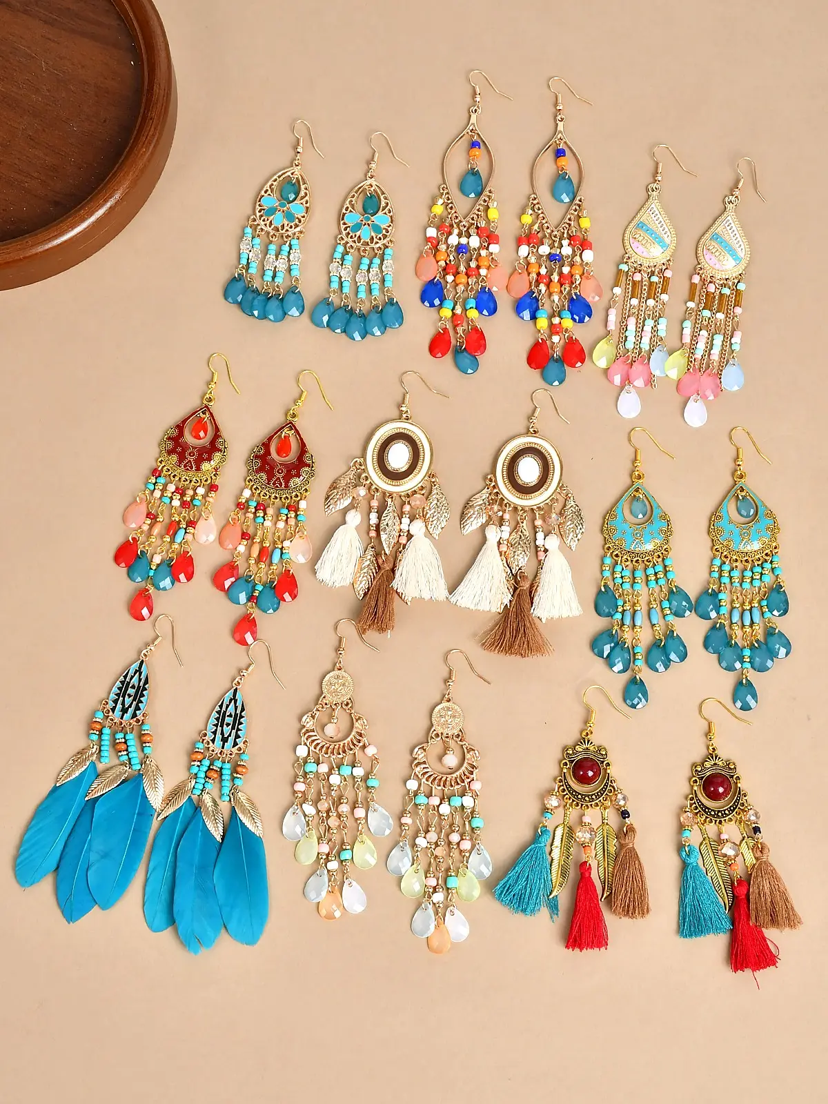 9 Pairs Boho Tassel Earrings for Women – Vintage Gold Feather Beaded Dangle Drop Earrings Set, Ethnic Tribal Bohemian for Vacation Wedding Party Gift