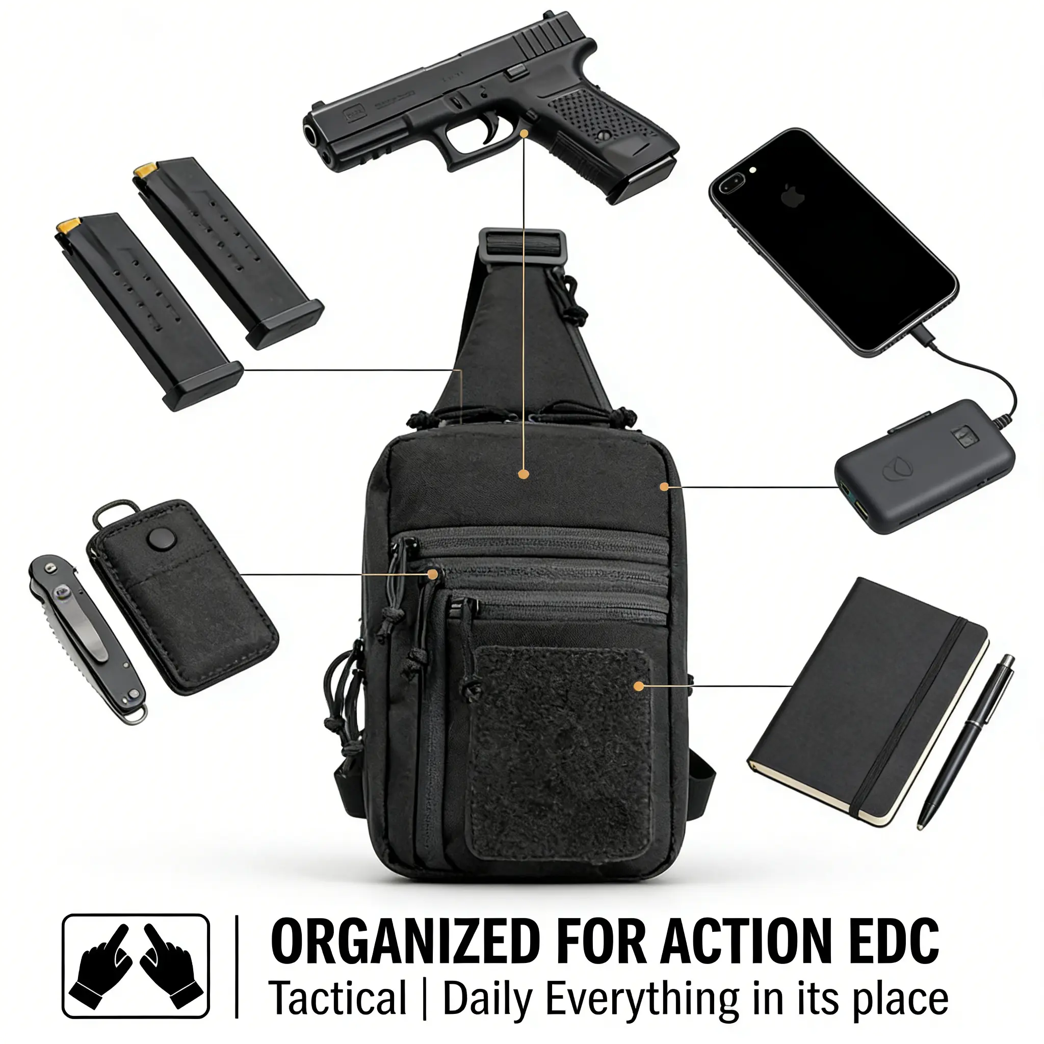 Black Concealed Carry Gun Holster Sling Bag for Men,SmallHandgun Backpack Chest Daypack, Crossbody ShoulderBag for Travel, Sports, Hiking - Nylon with Zip Closure oulderBag for 9MM 380 Glock 17 19 26 43x 1911 vnsh fn reflex holster for concealed carry