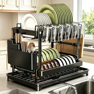 Double-Layer Kitchen Countertop Drain Rack,Dish Drying Rack Dish Drying Organiser,Metal Material, with Drain Board, Can Hold Tableware, Carbon Steel Material, Kitchen Storage Rack,Mother's Day Gift,Black