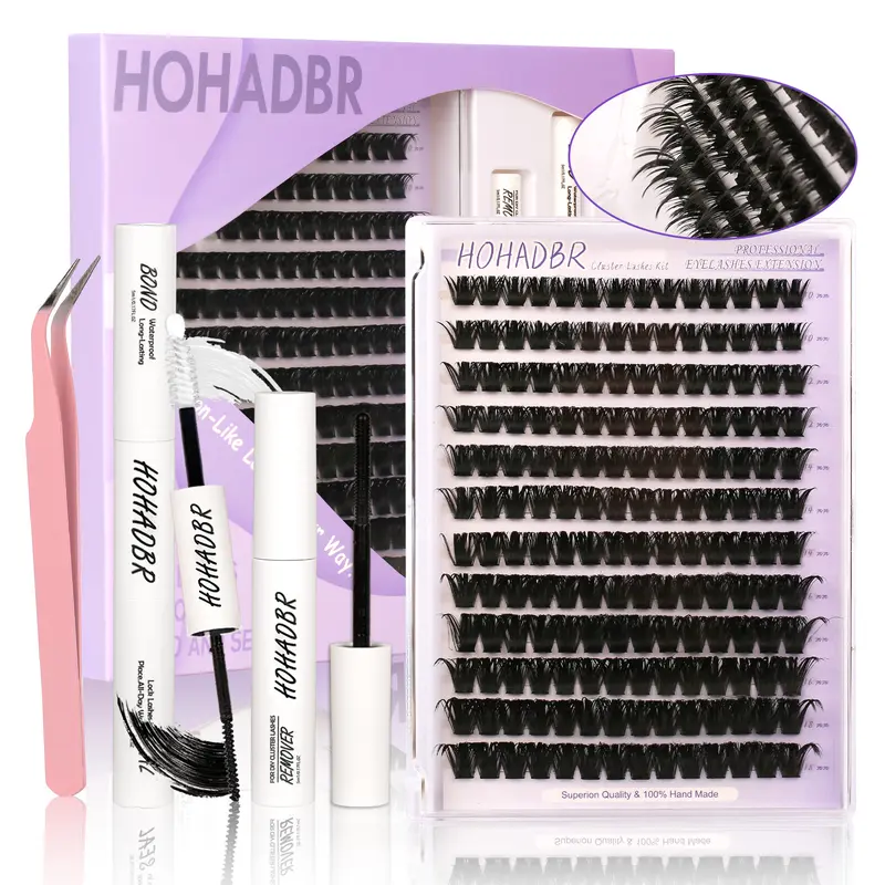HOHADBR DIY Eyelash Clusters Kit for Beginners - Soft Wispy Natural Lash Clusters, Extension Glue, Remover, Tweezer, DIY Lash Tools for Long-Lasting Wear, Natural Lash Cluster,familyfun