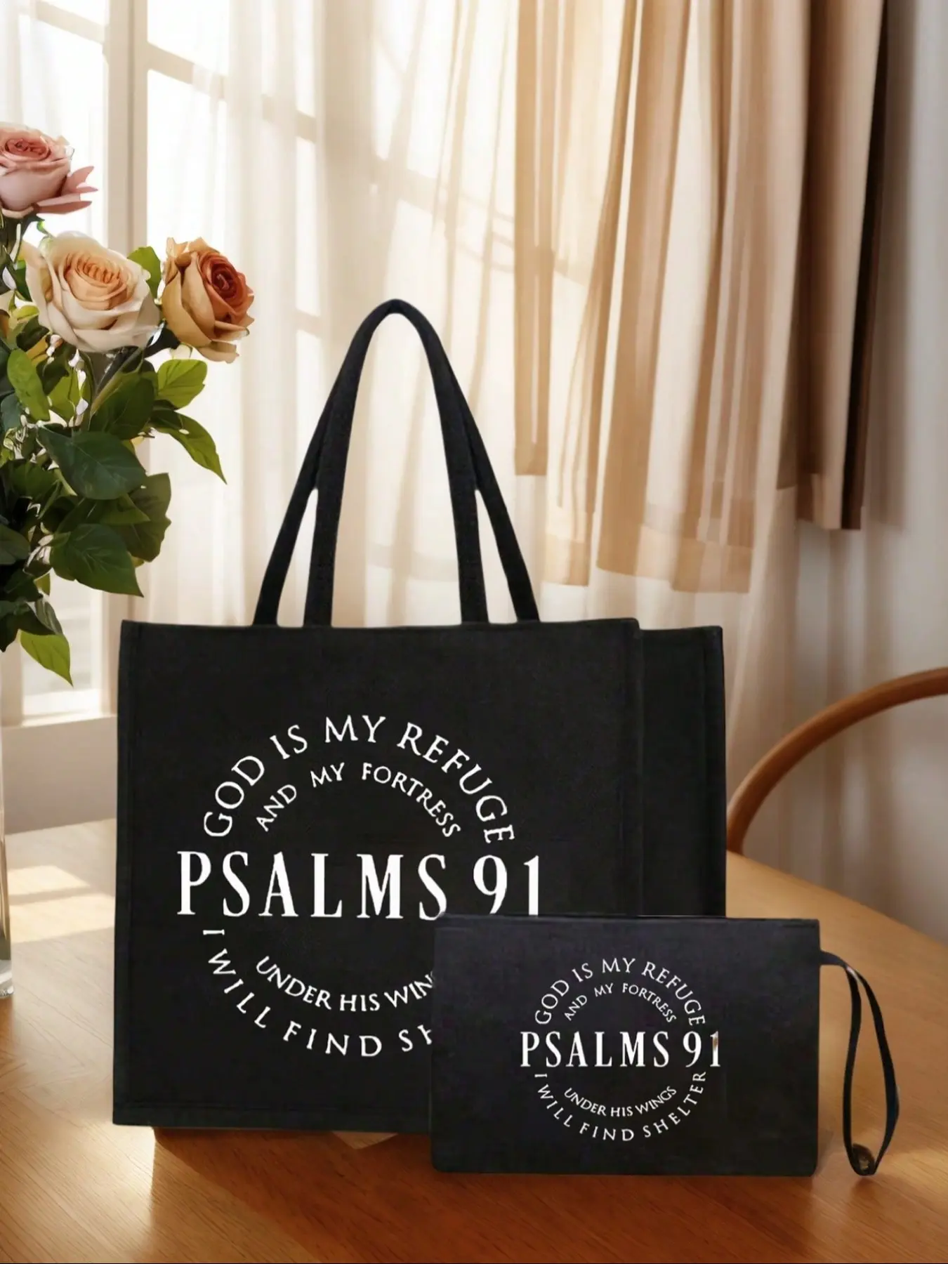 Lightweight Linen Handbag and Makeup Storage Bag Set, Psalm 91 Print, Includes Wallets, Coin Purse, Card Holder, Reusable Burlap Shopping Bag, Cosmetic Pouch, Vanity Purse, Cosmetic Bags, Cosmetics Bag