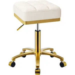 Square Rolling Stool  Adjustable Swivel Stools with Wheels, Vanity Lash  Salon  Roller Chair, Esthetician Massage Office Pedicure Stool, Heavy Duty  Plated Frame (White)