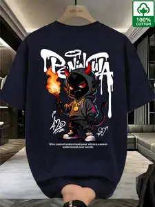 Men's Trendy Hip Hop T-Shirt, 100% Cotton Devil with Torch Graphic Tee, Slim Fit Long Sleeve Top Without Zipper, All Seasons Wear