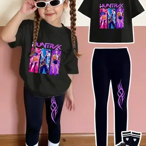 Girls' Kpop Demon Hunter Theme Set, Round Neck Short Sleeve Top with Vibrant Graphics & Fitted Long Pants, Casual Cartoon Style, Ages 4-12
