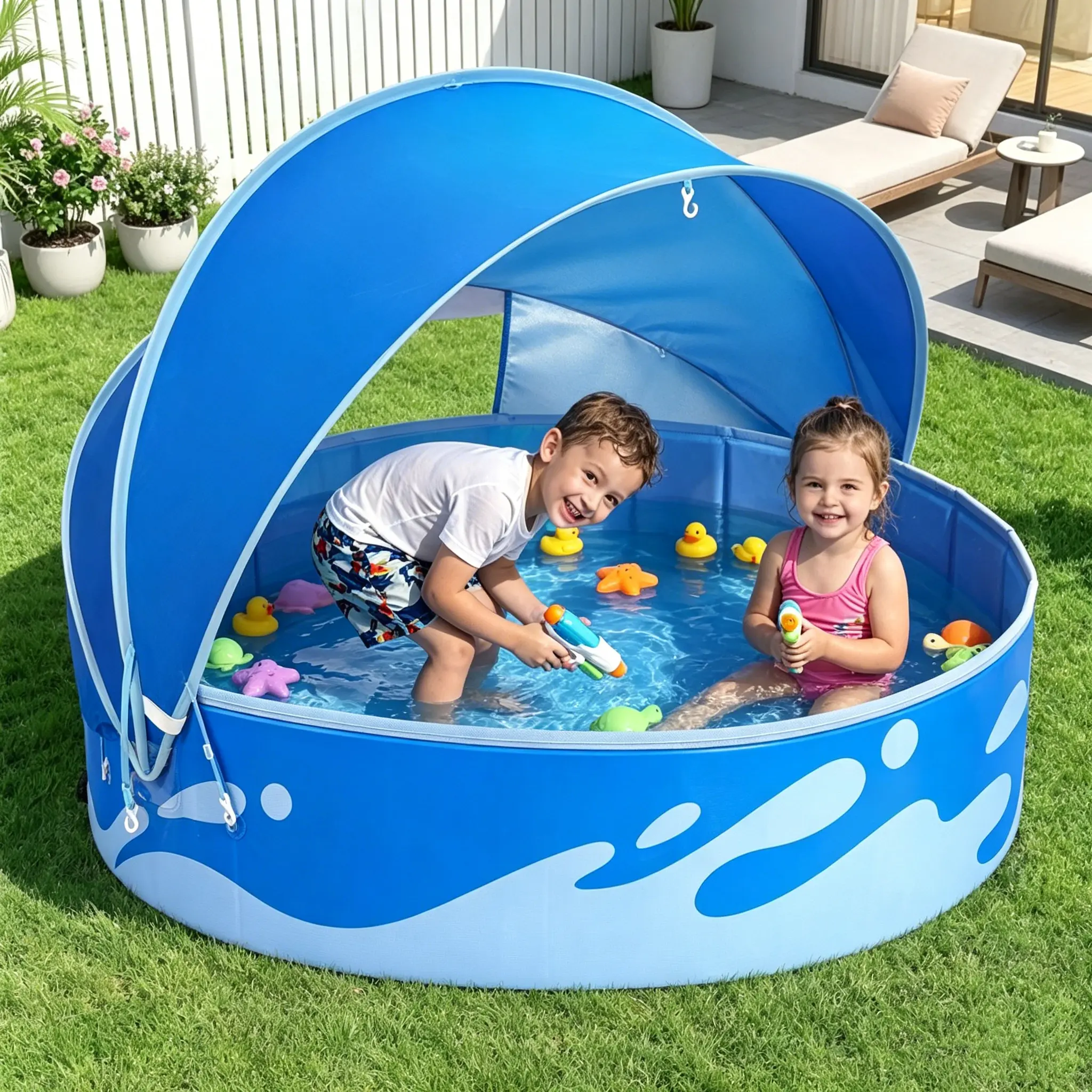 Peradix Foldable Kiddie Pool with Canopy for Baby Toddler Kids Family - Dog Kiddie Pool Summer Water Play Pool with Shade - Portable for Outdoor Backyard Beach Summervibes Quick Folding Playpen Travel Playpen swimming pool
