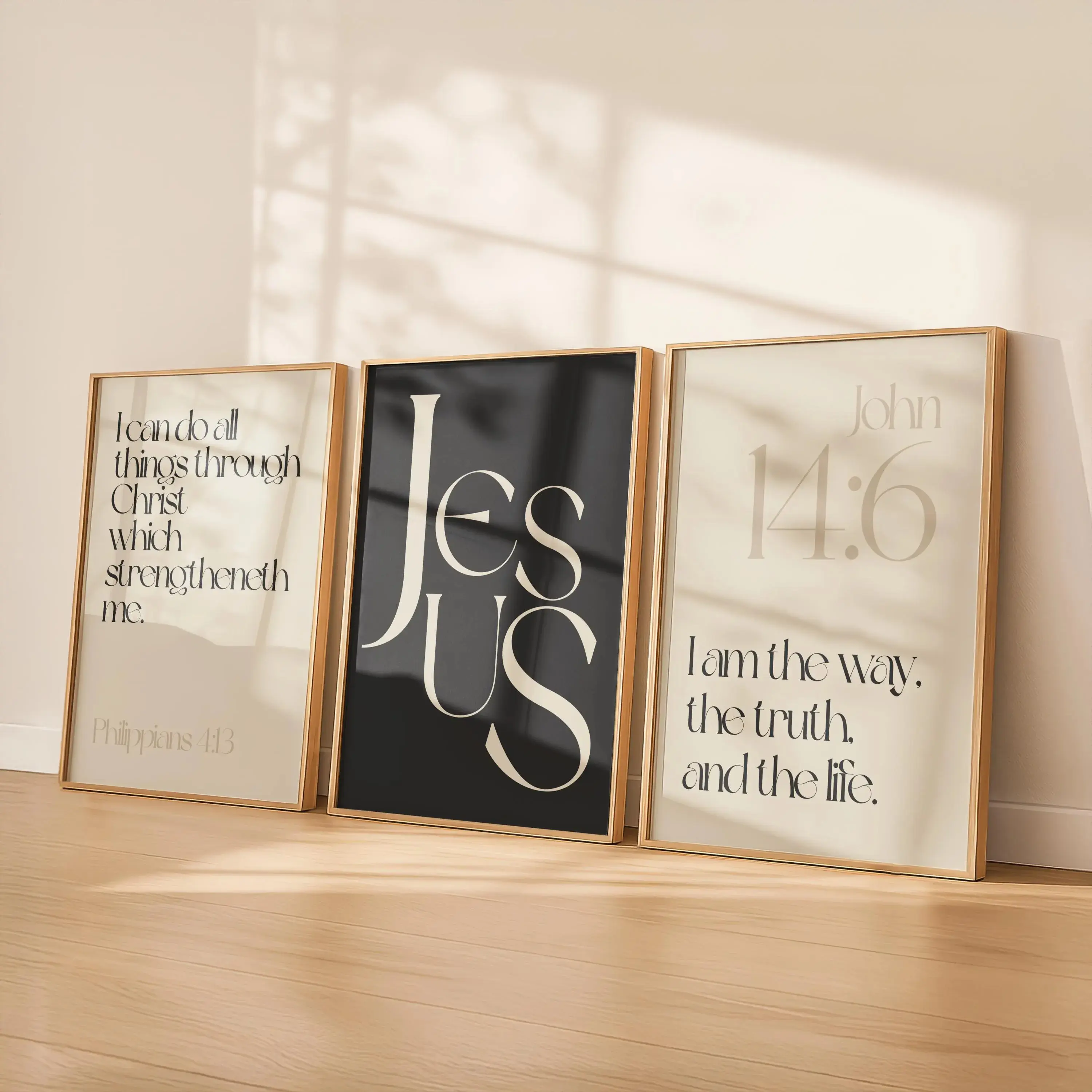 Christian Wall Art Set of 3 Print Neutral Beige, Bible Verse Wall Art, Jesus Art, Philippians 4 13, John 14 6, Modern Decor Digital Download